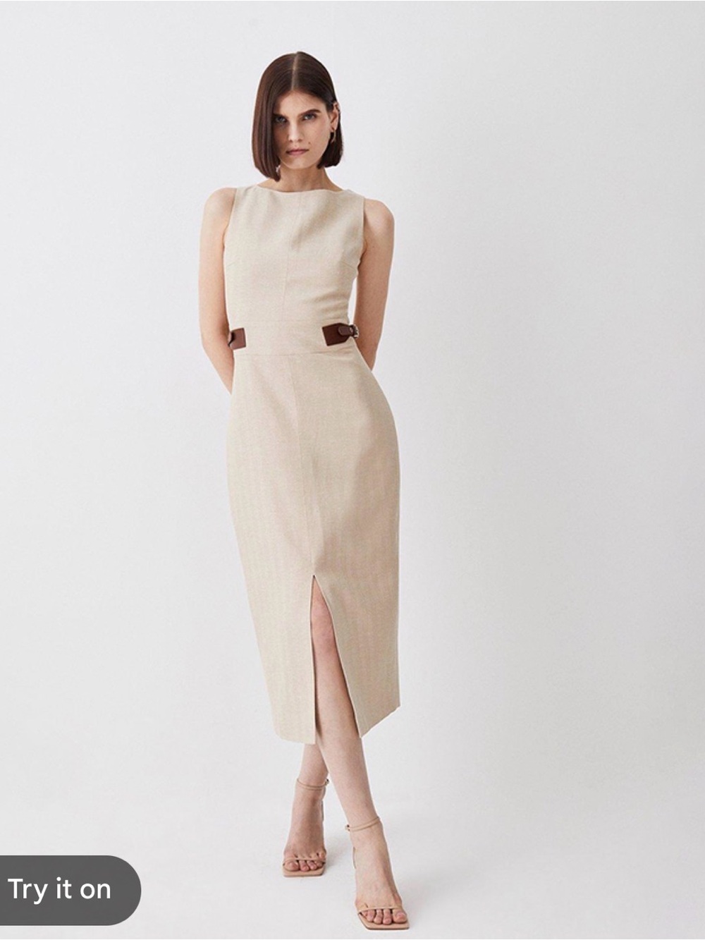 Karen Millen Beige Midi Sheath Dress with Side Buckles